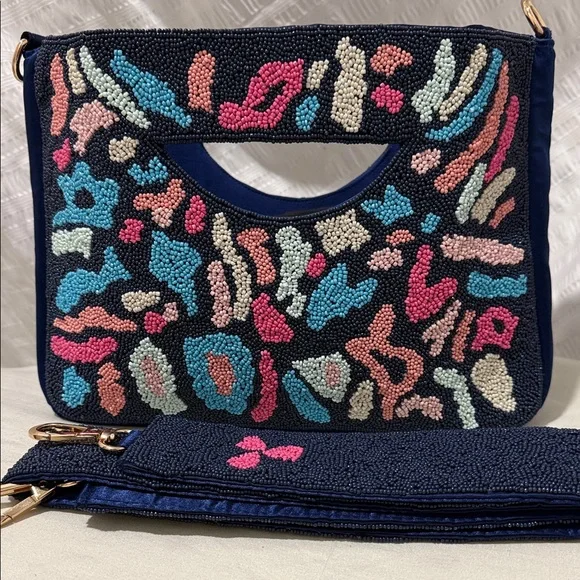 Beaded Navy Multi-Color Cutout Handle Shoulder Bag - Picture 1 of 6